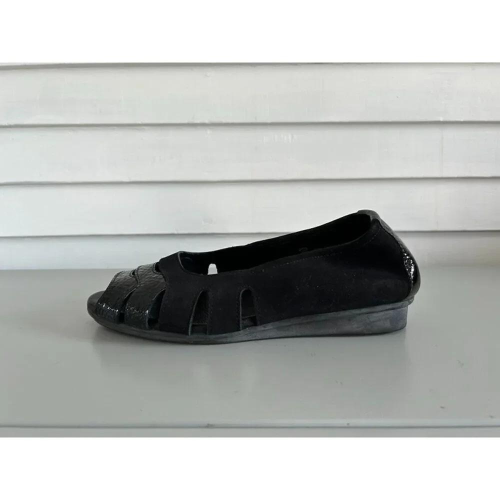 New Arche Womens Black Mix Leather Suede Cutout Ninova Peep Toe Flat EUR Size 37